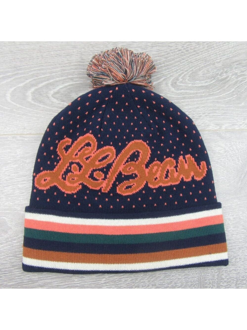 L.L. Bean Pom Beanie Cap Unisex One Size Fit Navy Multi NEW - Picture 2 of 9